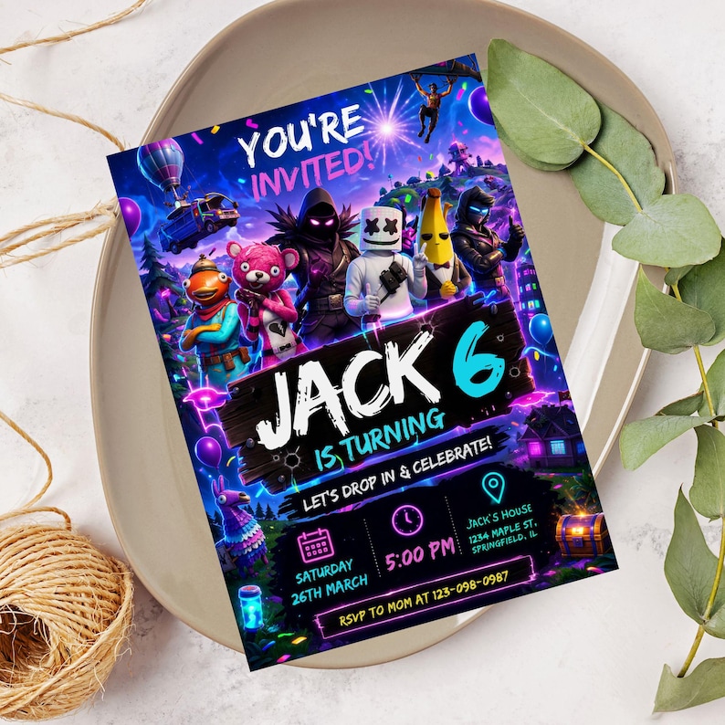 May include: A vibrant birthday invitation with video game characters. The text reads "You're Invited!" and "Jack 6 is Turning." It includes event details: date, time, and location. The invitation is set against a neutral background.