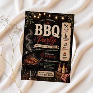 May include: A BBQ party invitation with a vintage design. The invitation features the text "BBQ Party" with illustrations of a grill, food, and drinks. The date is Saturday, May 24th, at 5:00 PM.
