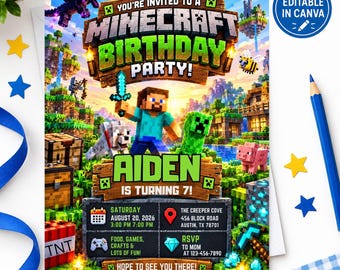 Sjabloon voor een uitnodiging voor een verjaardagsfeest in pixelblokken, Minecraft-verjaardagsfeest voor jongens, uitnodiging voor een gamerfeest, Canva-sjabloon van hoge kwaliteit