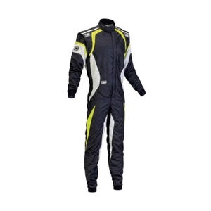 May include: A black racing suit featuring white and neon yellow side panels and accents. The garment includes a high collar, long sleeves with fitted cuffs, and the OMP logo printed in white on the chest and shoulders, providing a full-body design.