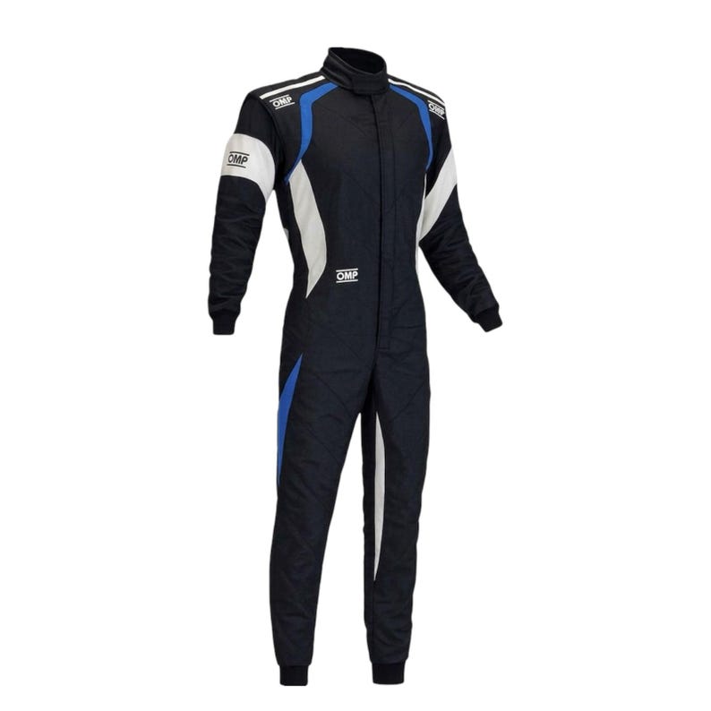 May include: A black racing suit with white and blue accents. The suit has a high collar, long sleeves, and a full-length zipper. The OMP logo is visible on the shoulders and chest. This racing suit is designed for motorsports.