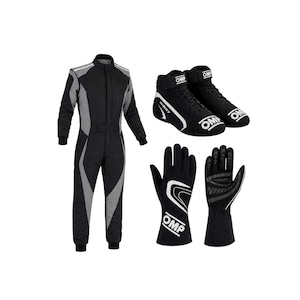 May include: A black and gray racing suit, a pair of black racing shoes with white OMP branding, and a pair of black racing gloves with white OMP logos and textured palms. The suit features a high collar, long sleeves, and a central zipper closure.