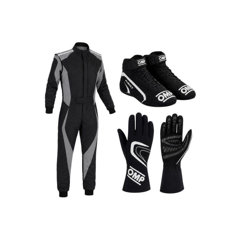 May include: A black and gray racing suit, a pair of black racing shoes with white OMP branding, and a pair of black racing gloves with white OMP logos and textured palms. The suit features a high collar, long sleeves, and a central zipper closure.