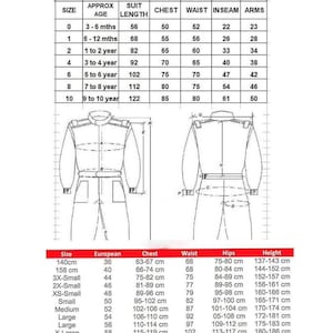 May include: A detailed size chart for children's clothing, featuring measurements for chest, waist, inseam, and arms. The chart includes sizes for ages ranging from 3 months to 10 years, with corresponding suit lengths in centimeters.