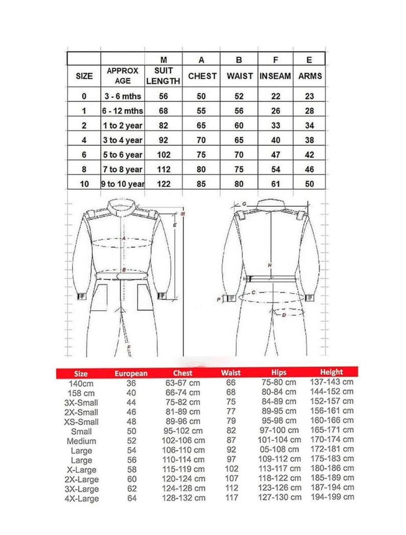 May include: A detailed size chart for children's clothing, featuring measurements for chest, waist, inseam, and arms. The chart includes sizes for ages ranging from 3 months to 10 years, with corresponding suit lengths in centimeters.
