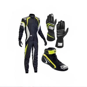 May include: A black, white, and neon yellow racing suit with OMP branding, a pair of matching black and neon yellow racing gloves with OMP and FIRST text, and a single black and neon yellow racing shoe featuring OMP and FIRST branding.