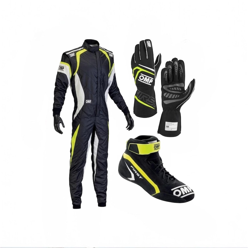 May include: A black, white, and neon yellow racing suit with OMP branding, a pair of matching black and neon yellow racing gloves with OMP and FIRST text, and a single black and neon yellow racing shoe featuring OMP and FIRST branding.