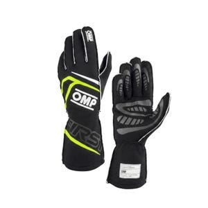 May include: A pair of black racing gloves with neon yellow accents and white OMP branding. The gloves feature a gauntlet cuff, a white OMP logo on the back of the hand, and grey textured grip patterns on the palm side with a white label on the cuff.