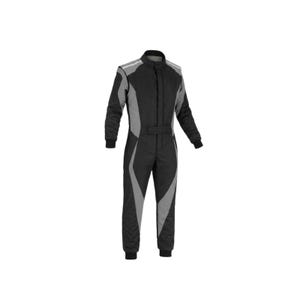 May include: A black and gray racing suit featuring a high collar, long sleeves with ribbed cuffs, and a central front zipper closure. The design includes contrasting gray panels along the shoulders, arms, and legs, with a fitted waist belt.