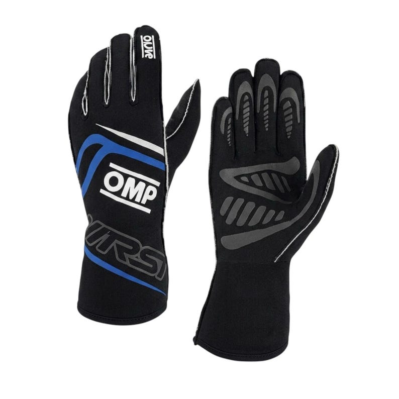 May include: Pair of black racing gloves with white and blue accents. The gloves feature the OMP and IRS logos. The palm side has gray grip patterns. The gloves are designed for motorsports.