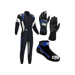 May include: A racing suit, gloves, and shoes set. The suit is navy blue with white and blue accents. The gloves are black with blue and white details. The shoes are black with blue accents and the text "OMP".