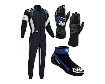 OMP Kart-Rennanzug-Set - Handschuhe, Stiefel | Schwarz & Blaue CIK-FIA Zahnräder