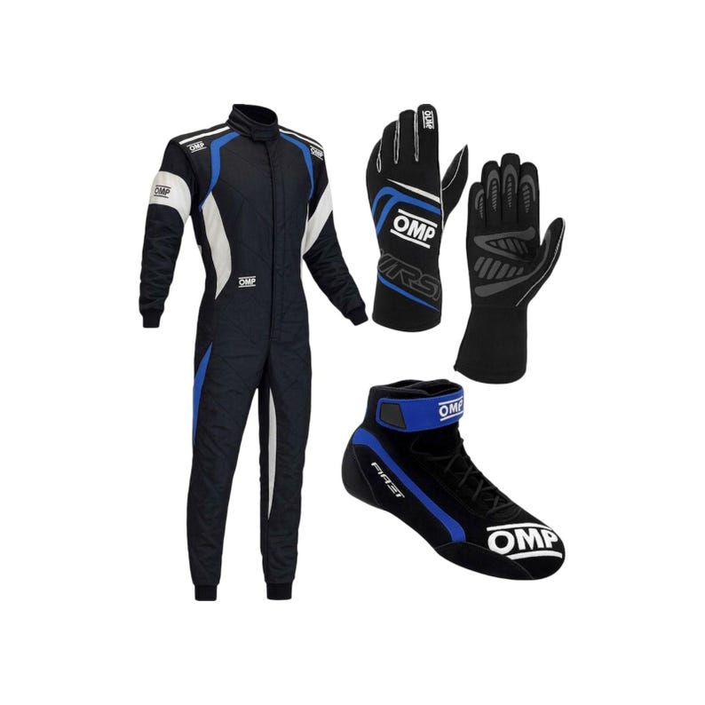 May include: A racing suit, gloves, and shoes set. The suit is navy blue with white and blue accents. The gloves are black with blue and white details. The shoes are black with blue accents and the text "OMP".