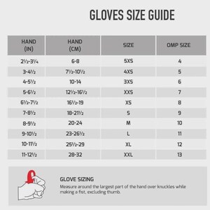 May include: A grey and white gloves size guide chart featuring columns for hand measurements in inches and centimeters, standard sizes from 5XS to XXL, and OMP sizes from 4 to 13. Includes an illustration of a hand making a fist for measurement.