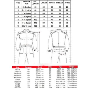 May include: A black and white sizing chart for a garment, featuring a table with columns for age, suit length, chest, waist, inseam, and arms. Below the table are two line drawings of a jumpsuit, followed by a second table listing size, European size, chest, waist, hips, and height measurements in centimeters.