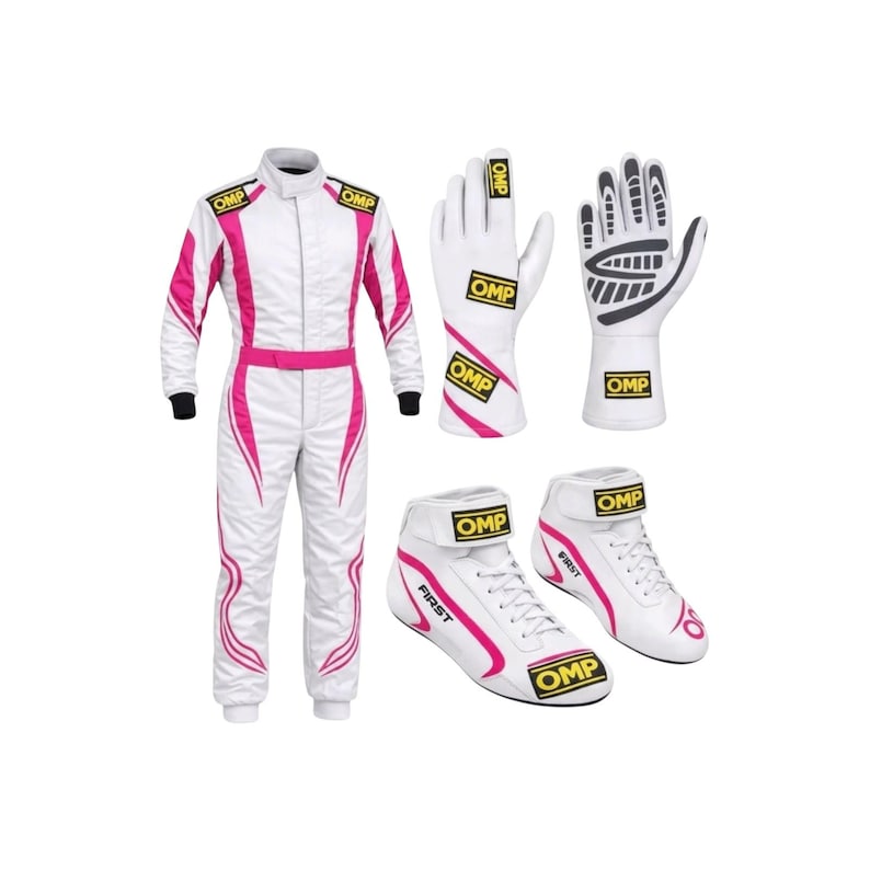 May include: A white racing suit with pink accents, a pair of white racing gloves with black detailing, and a pair of white racing shoes with pink trim. Each item features the yellow and black OMP logo and the word FIRST printed on the shoes.