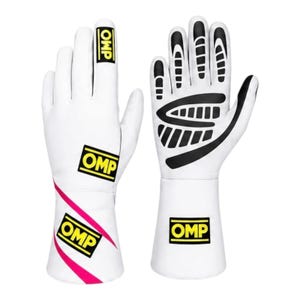 May include: A pair of white racing gloves featuring black grip patterns on the fingers and palm. The gloves display the yellow and black OMP logo on the index finger, wrist, and cuff, with a diagonal pink stripe accenting the lower wrist area.