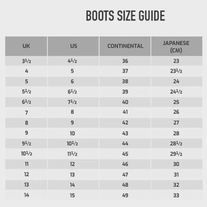 May include: A boots size guide chart with the heading BOOTS SIZE GUIDE. The table displays columns for UK, US, Continental, and Japanese sizes in centimeters, listing numerical values from 3.5 to 14 for UK and 4.5 to 15 for US sizing.