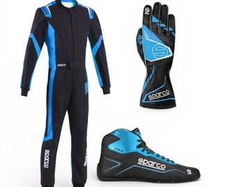Sparco Karting Race Suit Set — Gloves, Boots | Black & Blue CIK-FIA Gear