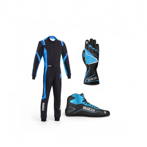 Sparco Karting Race Suit Set — Gloves, Boots | Black & Blue CIK-FIA Gear