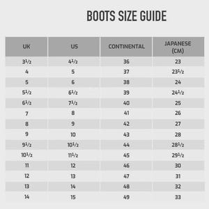 May include: A boots size guide chart with the heading BOOTS SIZE GUIDE. The table displays columns for UK, US, Continental, and Japanese sizes in centimeters, listing numerical values from 3.5 to 14 for UK and 4.5 to 15 for US sizing.