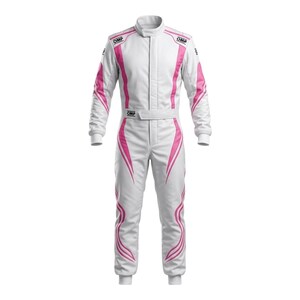 May include: A white racing suit featuring pink accents along the torso, arms, and legs. The garment includes a high collar, a central zipper, and a waist belt. The OMP logo is visible on the chest, shoulders, and belt area of the white racing suit.