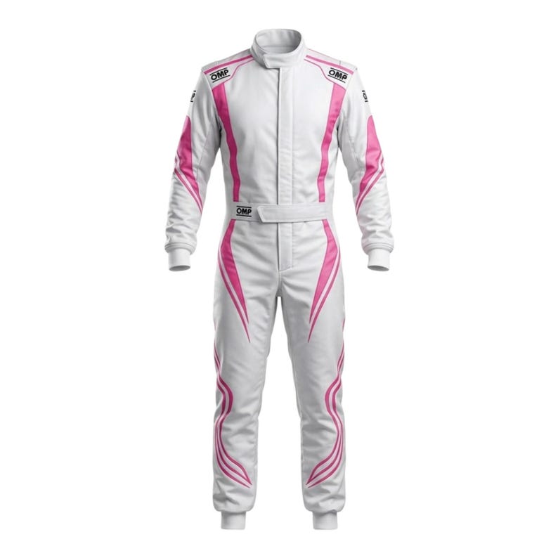 May include: A white racing suit featuring pink accents along the torso, arms, and legs. The garment includes a high collar, a central zipper, and a waist belt. The OMP logo is visible on the chest, shoulders, and belt area of the white racing suit.