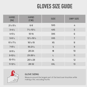 May include: A gloves size guide with measurements in inches and centimeters. The chart includes hand sizes from 2 1/2" to 12 1/2", corresponding to sizes 5XS to XXL. Instructions for measuring hand size are also included.