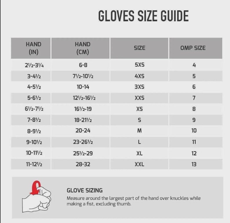 May include: A gloves size guide with measurements in inches and centimeters. The chart includes hand sizes from 2 1/2" to 12 1/2", corresponding to sizes 5XS to XXL. Instructions for measuring hand size are also included.