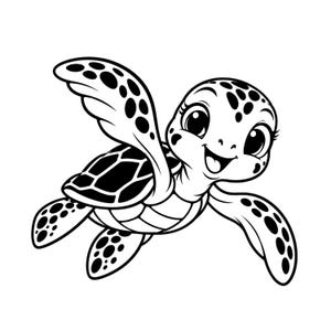 May include: A black and white line art illustration of a sea turtle with large eyes and a smiling expression. The turtle has a patterned shell and spotted flippers, depicted in a swimming motion with one flipper raised upward in a friendly gesture.