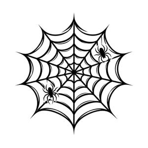 May include: A black and white graphic illustration of a circular spider web with radiating lines and concentric segments. Two black spiders are positioned on the web, one in the lower left quadrant and one in the upper right quadrant.