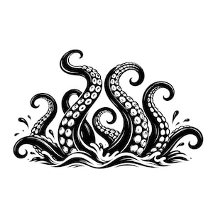 May include: A black and white graphic illustration of multiple octopus tentacles emerging from stylised waves. The tentacles feature prominent circular suction cups and curved tips, creating a dynamic scene of movement against a plain background.