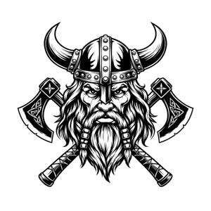 Pode incluir: Uma ilustração gráfica a preto e branco de um guerreiro viking com um capacete com chifres e rebites. O guerreiro tem uma barba comprida e entrançada e uma expressão severa. Dois machados de batalha cruzados com padrões de nós.