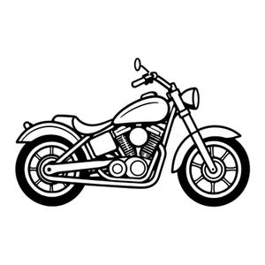 May include: Black and white illustration of a classic motorcycle. The image features a detailed outline of a cruiser-style bike, including the fuel tank, engine, wheels, and handlebars. The design is clean and suitable for various applications.