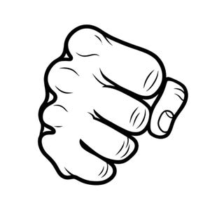 May include: A black and white cartoon illustration of a clenched fist, seen from above. The fist is outlined in thick, bold lines, with detailed shading to highlight the knuckles and the curve of the fingers, on a white background.