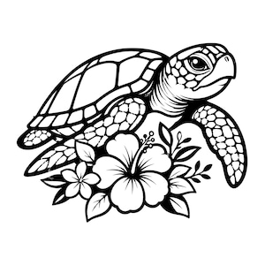 Puede incluir: Ilustración en blanco y negro de una tortuga marina con detalles intrincados en su caparazón y aletas. La tortuga está rodeada de flores de hibisco y hojas, evocando un tema tropical. Ideal para diversos proyectos.