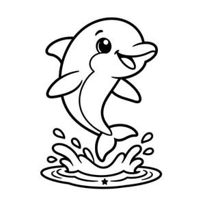 Könnte beinhalten: Schwarz-weiße Illustration eines Cartoon-Delfins, der aus dem Wasser springt. Der Delfin hat ein lächelndes Gesicht und ist von Spritzern und Wellen umgeben, mit einem kleinen Stern am Boden.