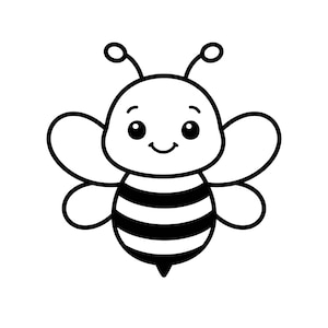 Può includere: Un'illustrazione al tratto in bianco e nero di un'ape dei cartoni animati. L'ape presenta una testa arrotondata con due antenne, grandi occhi circolari, una piccola bocca sorridente, quattro ali e un corpo rotondo con tre strisce nere.