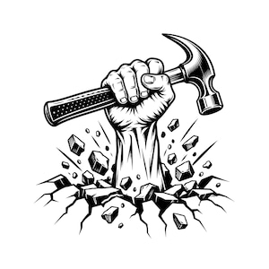 Könnte beinhalten: Eine schwarz-weiße grafische Illustration einer geballten Faust, die aus einer rissigen Oberfläche hervorbricht und einen Hammer hält. Das Design zeigt kontrastreiche Schattierungen und Linien, die den Hammerkopf und den Stiel deutlich darstellen.