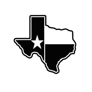 Könnte beinhalten: Ein schwarz-weißer Aufkleber in Form des Bundesstaates Texas. Das Design zeigt einen vertikalen schwarzen Streifen auf der linken Seite mit einem weißen fünfzackigen Stern sowie einen horizontalen weißen Streifen oben rechts und einen schwarzen unten rechts.