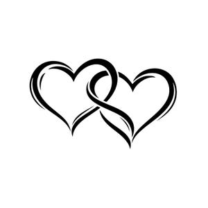 May include: A black graphic illustration of two interlocking hearts. The design features smooth, flowing lines that create a continuous, connected shape, with each heart outlined by a bold, tapering stroke against a plain white background.