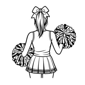 Può includere: Un'illustrazione in bianco e nero a tratto di una cheerleader vista da dietro. La figura ha una coda di cavallo alta con un grande fiocco, indossa un top senza maniche e una gonna a pieghe con bordo a righe, mentre tiene due grandi pon pon.