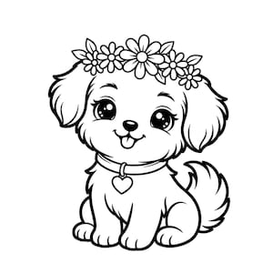 May include: A black and white illustration of a cute puppy wearing a flower crown and a heart-shaped collar tag. The puppy is sitting with its tongue sticking out, and has large, expressive eyes.