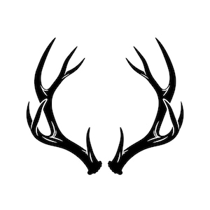 Peut inclure: Une illustration graphique noire symétrique représentant une paire de bois de cerf. Le design présente deux bois ramifiés se faisant face, rendus dans un style silhouette noir uni avec des lignes nettes et des pointes acérées sur fond blanc.