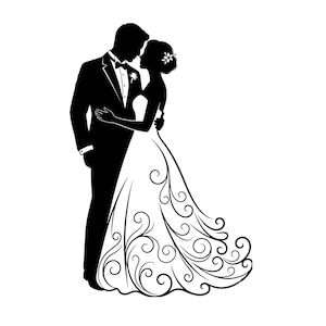 Könnte beinhalten: Schwarz-weiße Silhouette eines Brautpaares in Umarmung. Der Bräutigam trägt einen Smoking mit Fliege, die Braut ein fließendes Kleid mit dekorativen Wirbeln. Ein Blumenschmuck ziert das Haar der Braut.