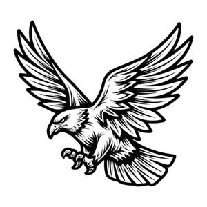 May include: A monochrome illustration of an eagle with outstretched wings, captured mid-flight. The image showcases detailed feathering and a determined expression, set against a plain white backdrop.