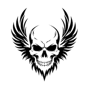 May include: A high-contrast black and white graphic illustration featuring a stylized human skull centered between two large, feathered wings that extend upwards and outwards, creating a symmetrical and sharp-edged design element.