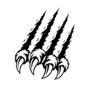May include: A black and white graphic illustration depicting four sharp, curved animal claws extending from the bottom, creating deep, jagged scratch marks that extend diagonally upwards across the frame with a high-contrast design.