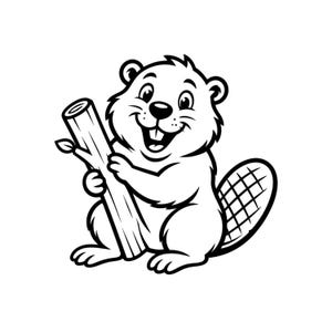 May include: A black and white line art illustration of a smiling beaver holding a wooden log. The beaver has a rounded head, visible front teeth, and a textured, grid-patterned tail. The design features clean, bold outlines on a plain background.