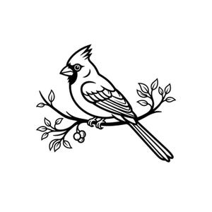 Op de afbeelding: Een zwart-witte lijntekening van een kardinaalvogel die op een tak zit. De vogel heeft een opvallende kuif, een puntige snavel en gedetailleerde vleugelveren. De tak is voorzien van kleine blaadjes en een trosje van drie ronde bessen.